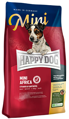 Happy dog mini africa полнорационный монобелковый сухой корм для взрослых собак мелких пород c пищевой непереносимостью