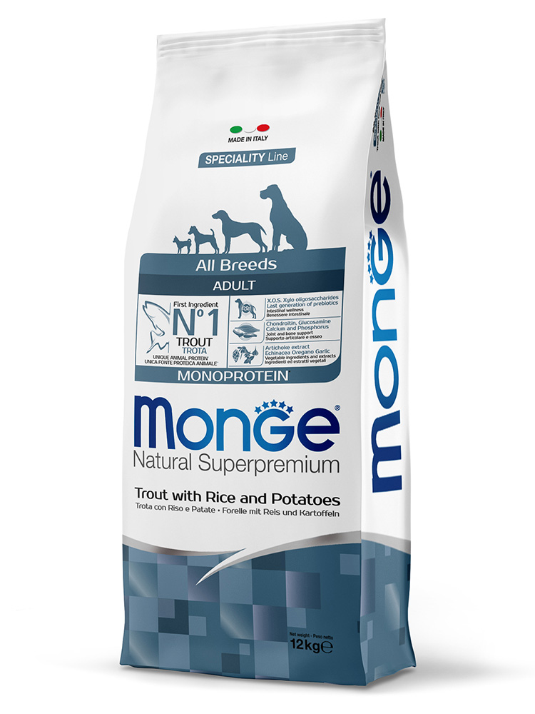 Monge dog speciality line monoprotein сухой корм монопротеиновый из форели с рисом и картофелем для взрослых собак всех пород
