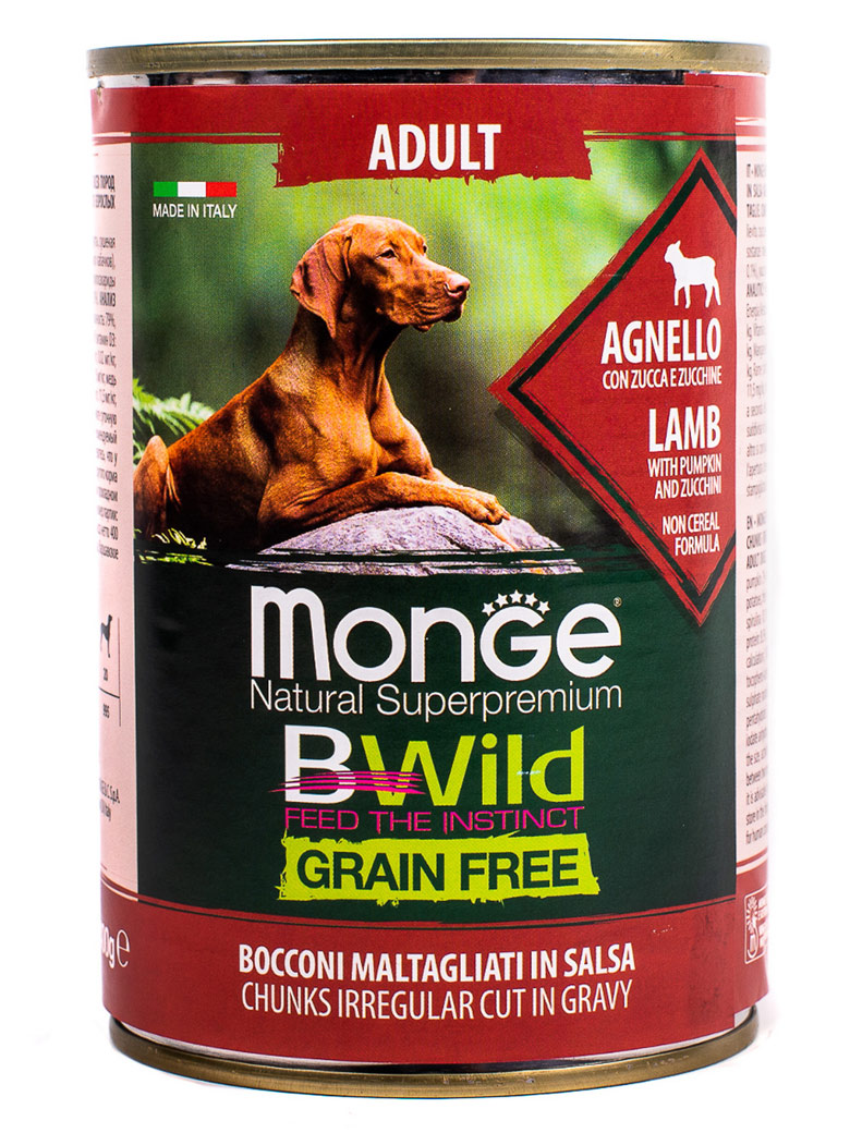 Monge dog bwild grain free влажный корм беззерновой из ягненка с тыквой и кабачками для взрослых собак
