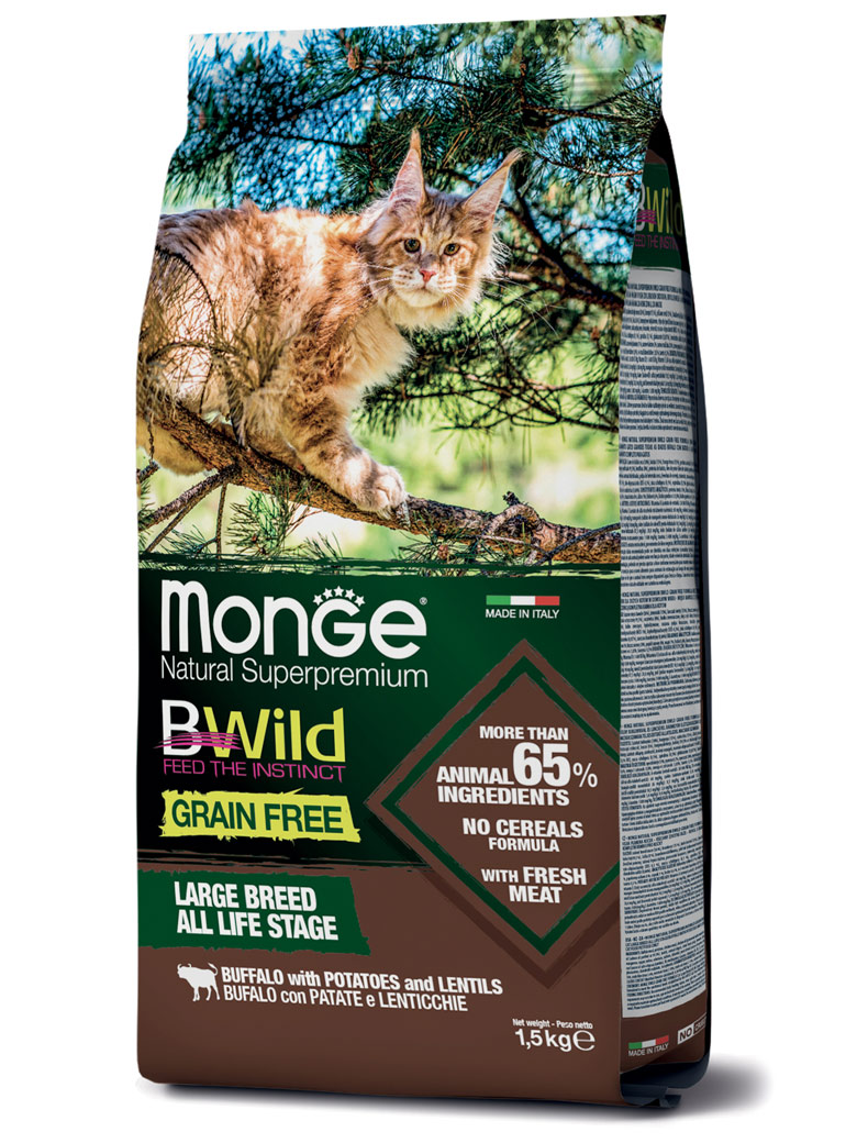 Monge cat bwild grain free сухой беззерновой корм из мяса буйвола для крупных кошек всех возрастов