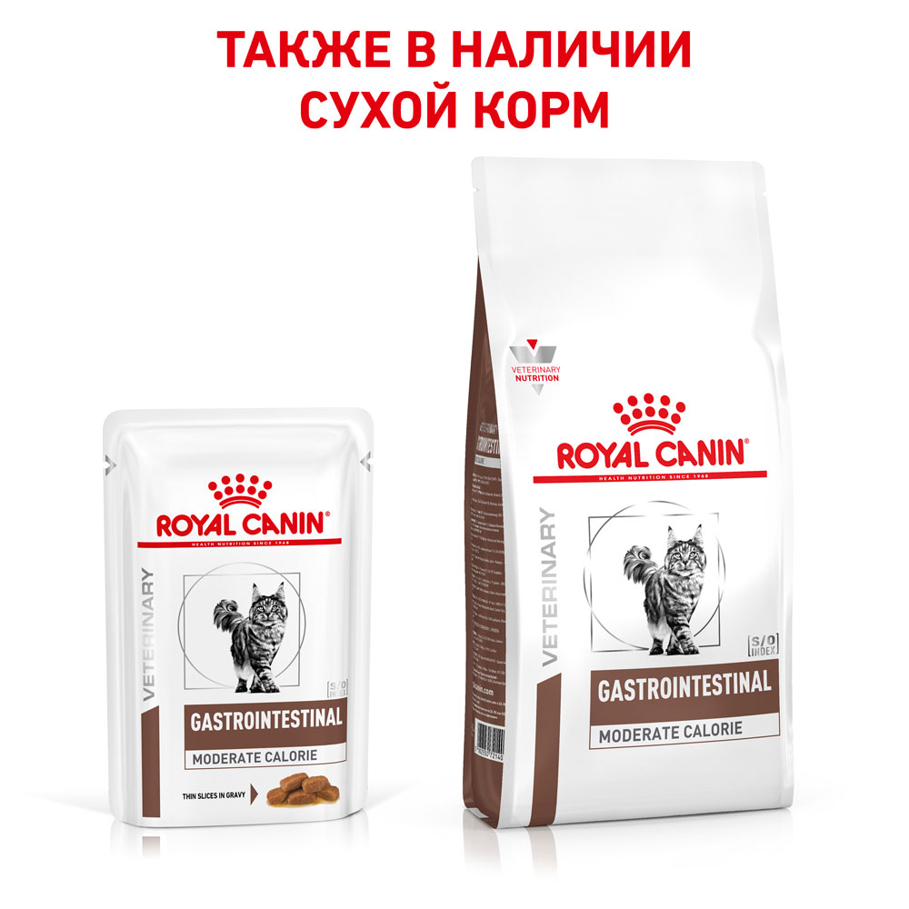 Royal canin gastrointestinal moderate calorie корм консервированный полнорационный диетический для кошек с нарушениями пищеварения при панкреатите и нарушениях пищеварения, в соусе