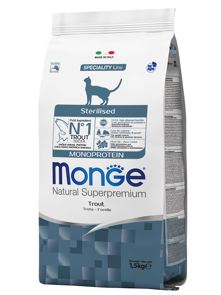 Monge cat speciality line monoprotein sterilised сухой монопротеиновый корм из форели для стерилизованных кошек