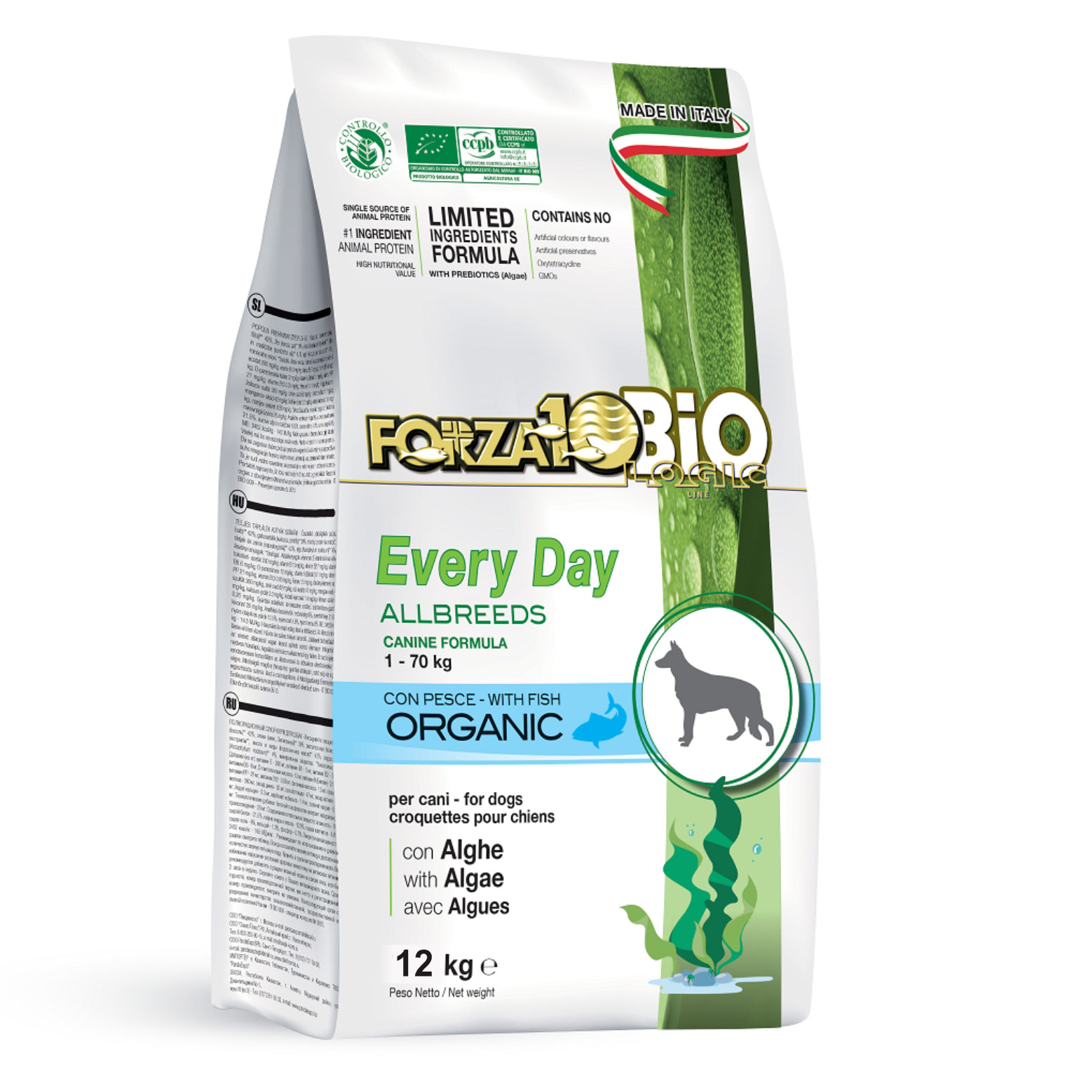 Forza10 everydaybio сухой полнорационный органический корм с рыбой и маисом с водорослями для собак всех пород