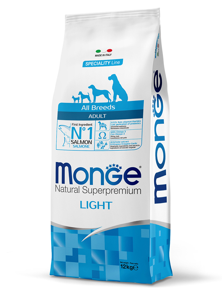 Monge dog speciality line light cухой корм низкокалорийный из лосося с рисом для взрослых собак всех пород