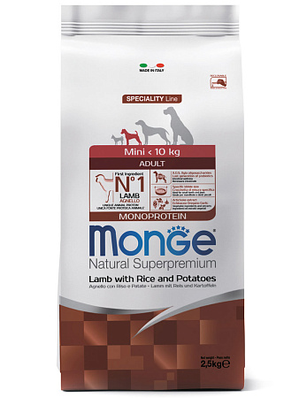 Monge dog speciality line monoprotein mini сухой монопротеиновый корм из ягненка с рисом и картофелем для взрослых собак мелких пород