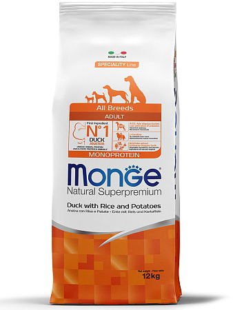 Monge dog speciality line monoprotein сухой корм монопротеиновый из утки с рисом и картофелем для взрослых собак всех пород