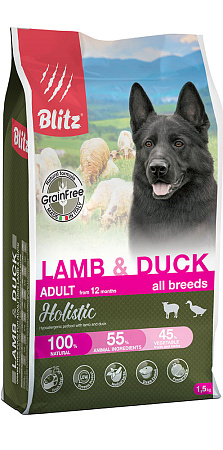 Blitz holistic ягнёнок и утка — беззерновой сухой корм для взрослых собак всех пород