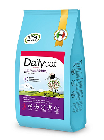 Dailycat grain free adult сухой беззерновой корм с уткой и кроликом для взрослых кошек