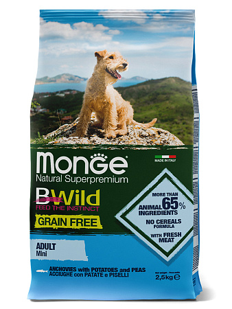 Monge dog bwild grain free mini сухой корм беззерновой из анчоуса с картофелем для взрослых собак мелких пород