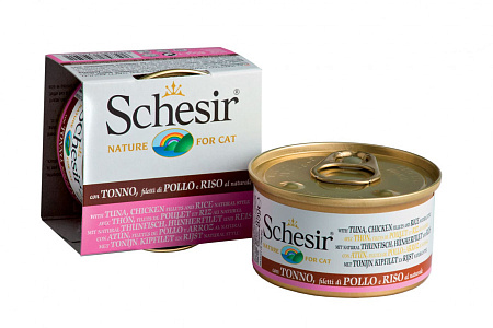 Schesir консервы из тунца, кура и риса для взрослых кошек