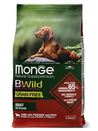 Monge dog bwild grain free сухой корм беззерновой из мяса ягненка с картофелем для взрослых собак всех пород