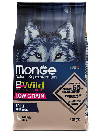 Monge dog bwild low grain сухой корм низкозерновой из мяса гуся для взрослых собак всех пород