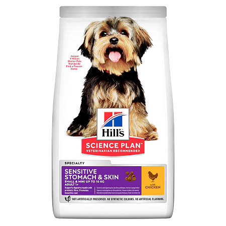 Hill's science plan sensitive stomach & skin сухой корм с курицей для взрослых собак мелких пород с чувствительной кожей и пищеварением