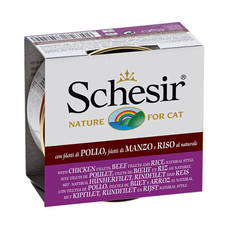 Schesir консервы из цыпленка, говядины и риса для взрослых кошек
