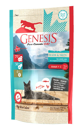 Genesis pure canada my blue lake hair skin для взрослых кошек, для улучшения кожи и шерсти с лососем, форелью и курицей