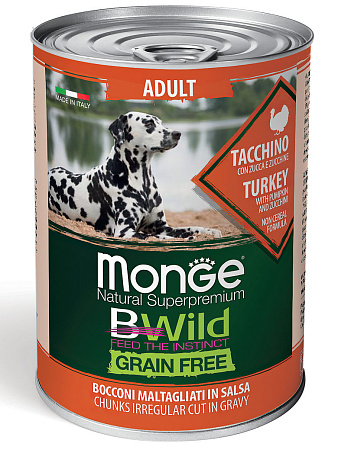 Monge dog bwild grain free влажный корм из индейки с тыквой и кабачками для взрослых собак всех пород