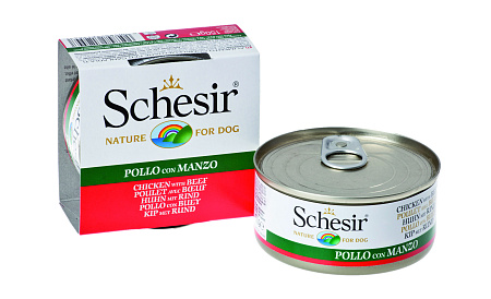 Schesir консервы из филе цыпленка и говядины для взрослых собак