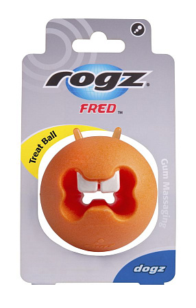 Rogz мяч пупырчатый с &quot;зубами&quot; для массажа десен с отверстием для лакомств fred, 64 мм, оранжевый