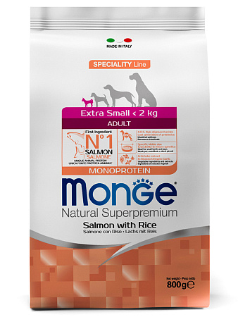 Monge dog speciality line monoprotein extra small сухой корм с лососем с рисом для взрослых собак миниатюрных пород