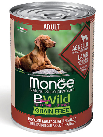 Monge dog bwild grain free влажный корм беззерновой из ягненка с тыквой и кабачками для взрослых собак