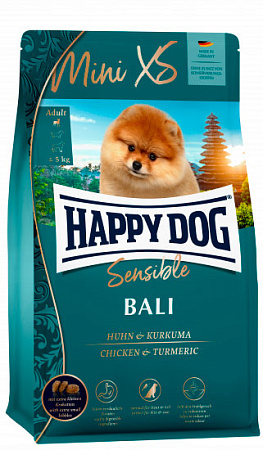 Happy dog mini xs bali полнорационный сухой корм для взрослых собак мелких пород весом до 5 кг, с сухой кормовой непереносимостью и чувствительным пищеварением