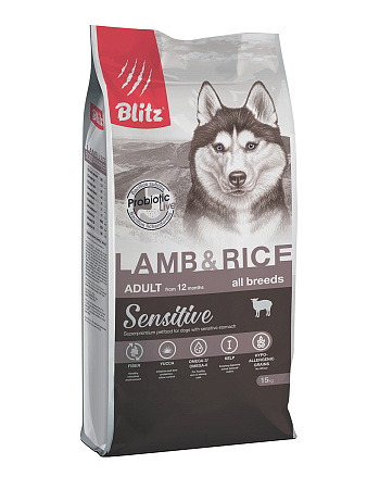 Blitz sensitive с ягнёнком и рисом сухой корм для взрослых собак всех пород