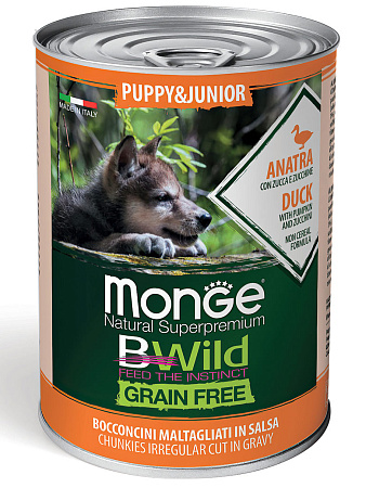 Monge dog bwild grain free puppy&junior влажный корм беззерновой из утки с тыквой и кабачками для щенков и беременных собак