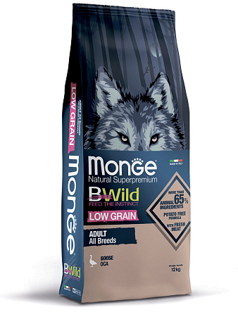 Monge dog bwild low grain сухой корм низкозерновой из мяса гуся для взрослых собак всех пород