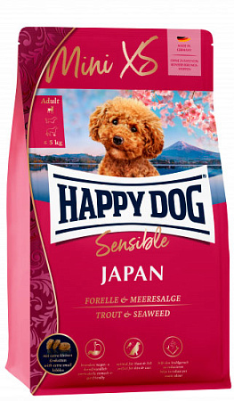 Happy dog mini xs japan полнорационный сухой корм для взрослых собак мелких пород весом до 5 кг, с сухой кормовой непереносимостью и чувствительным пищеварением