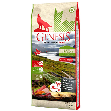 Genesis pure canada green highland puppy для щенков, юниоров, беременных и кормящих взрослых собак всех пород с курицей, козой и ягненком