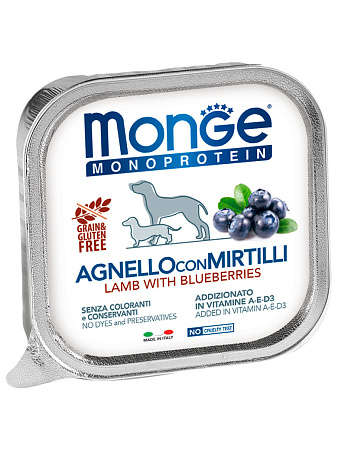 Monge dog natural monoprotein fruits влажный корм монопротеиновый из ягненка с черникой для взрослых собак