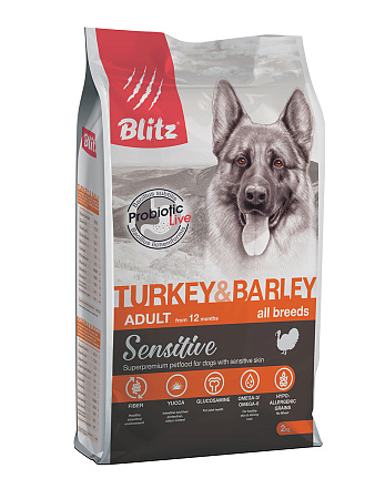 Blitz sensitive с индейкой и ячменем сухой корм для взрослых собак всех пород