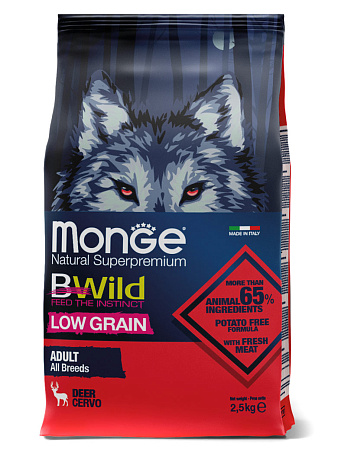Monge dog bwild low grain сухой корм низкозерновой из мяса оленя для взрослых собак всех пород