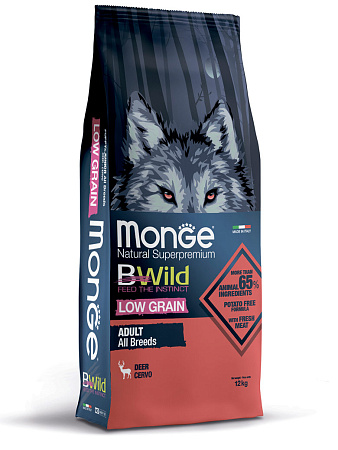 Monge dog bwild low grain сухой корм низкозерновой из мяса оленя для взрослых собак всех пород