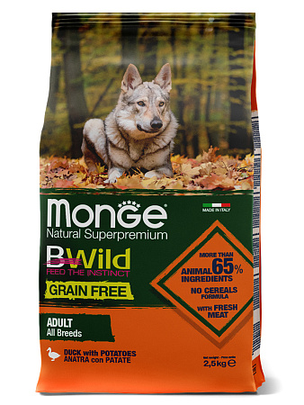 Monge dog bwild grain free сухой корм беззерновой c уткой с картофелем