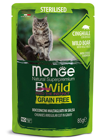 Monge cat bwild grain free влажный беззерновой корм из мяса дикого кабана с овощами для стерилизованных кошек