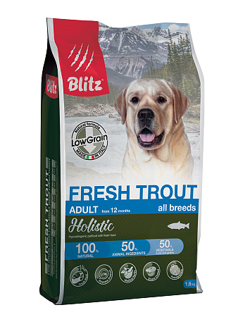 Blitz holistic свежая форель — низкозерновой сухой корм для взрослых собак всех пород