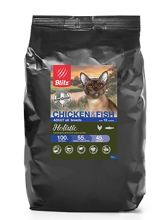 Blitz низкозерновой сухой корм с курицей и рыбой для взрослых кошек
