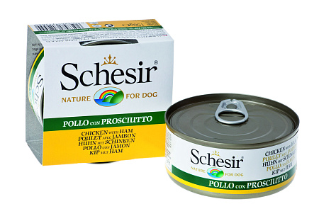 Schesir консервы из цыпленка и ветчины для взрослых собак