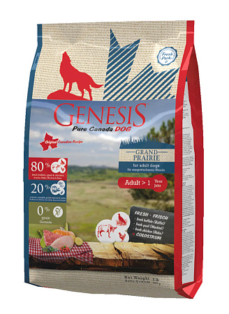 Genesis pure canada grand prairie adult для взрослых собак всех пород с чувствительным пищеварением с курицей, буйволом и перепелками