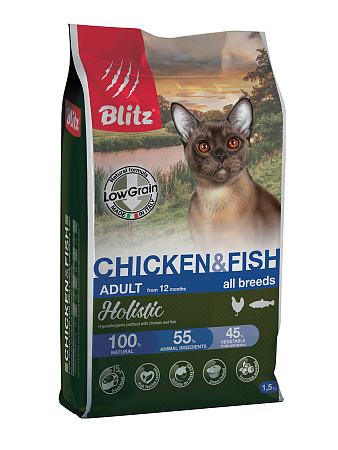 Blitz низкозерновой сухой корм с курицей и рыбой для взрослых кошек