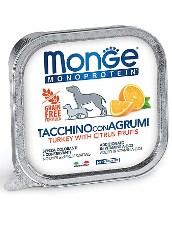 Monge dog natural monoprotein fruits влажный корм монопротеиновый из индейки с цитрусовыми для взрослых собак