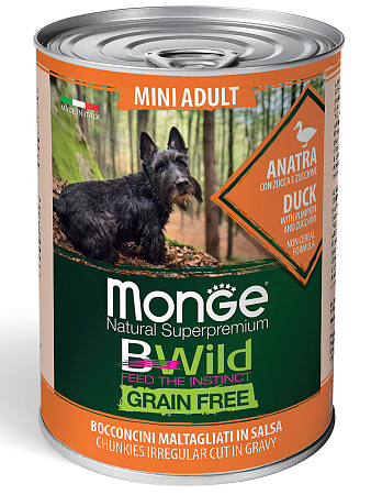 Monge dog bwild grain free влажный корм из утки с тыквой и кабачками для взрослых собак мелких пород