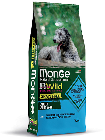 Monge dog bwild grain free сухой корм беззерновой из анчоуса с картофелем для собак