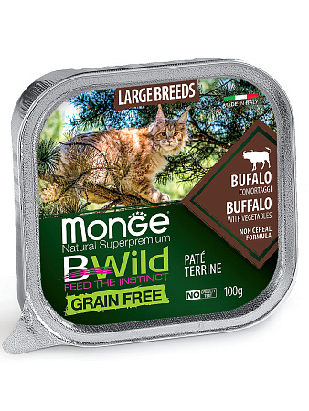 Monge cat bwild grain free влажный беззерновой корм из буйвола с овощами для кошек крупных пород