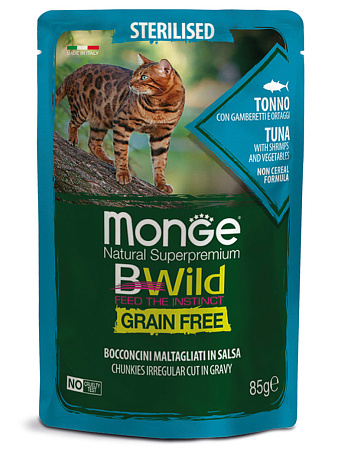 Monge cat bwild grain free влажный беззерновой корм из тунца с креветками и овощами для стерилизованных кошек