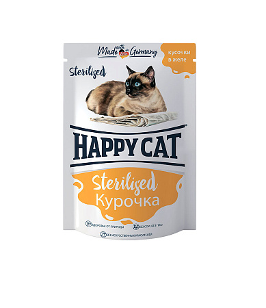 Happy cat sterilised влажный корм с курочкой для взрослых стерилизованных кошек, кусочки в желе