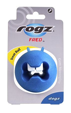 Rogz мяч пупырчатый с &quot;зубами&quot; для массажа десен с отверстием для лакомств fred, 64 мм, синий