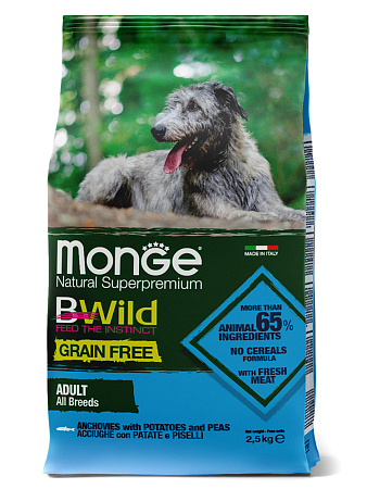 Monge dog bwild grain free сухой корм беззерновой c анчоусом c картофелем и горохом для взрослых собак всех пород