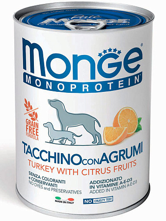 Monge dog natural monoprotein fruits влажный корм монопротеиновый из индейки с рисом и цитрусовыми для взрослых собак